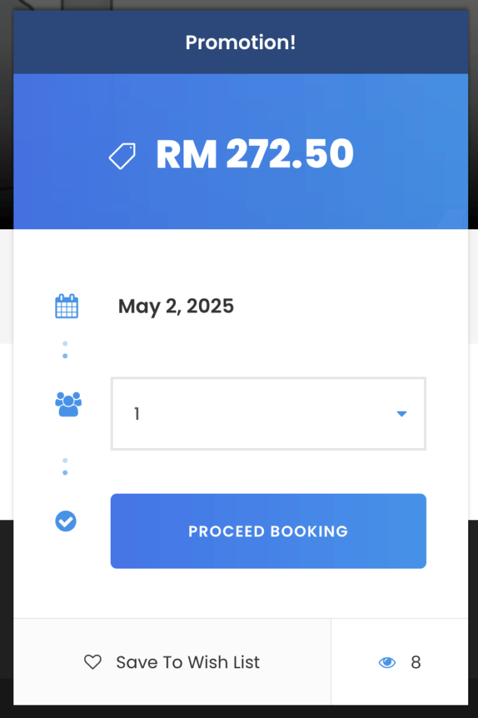 Select Date, Pax and Proceed booking button