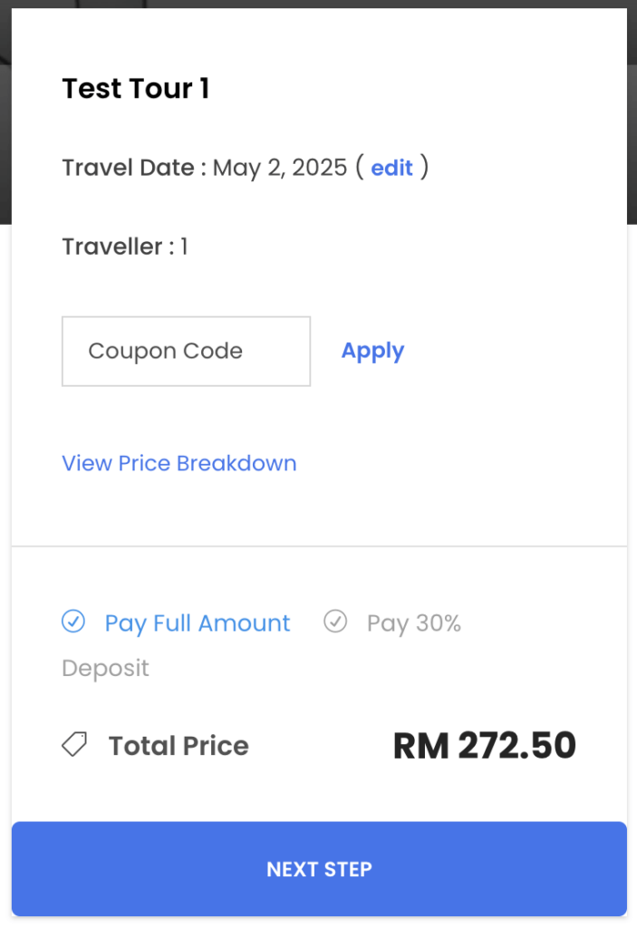 Booking summary with Next step button